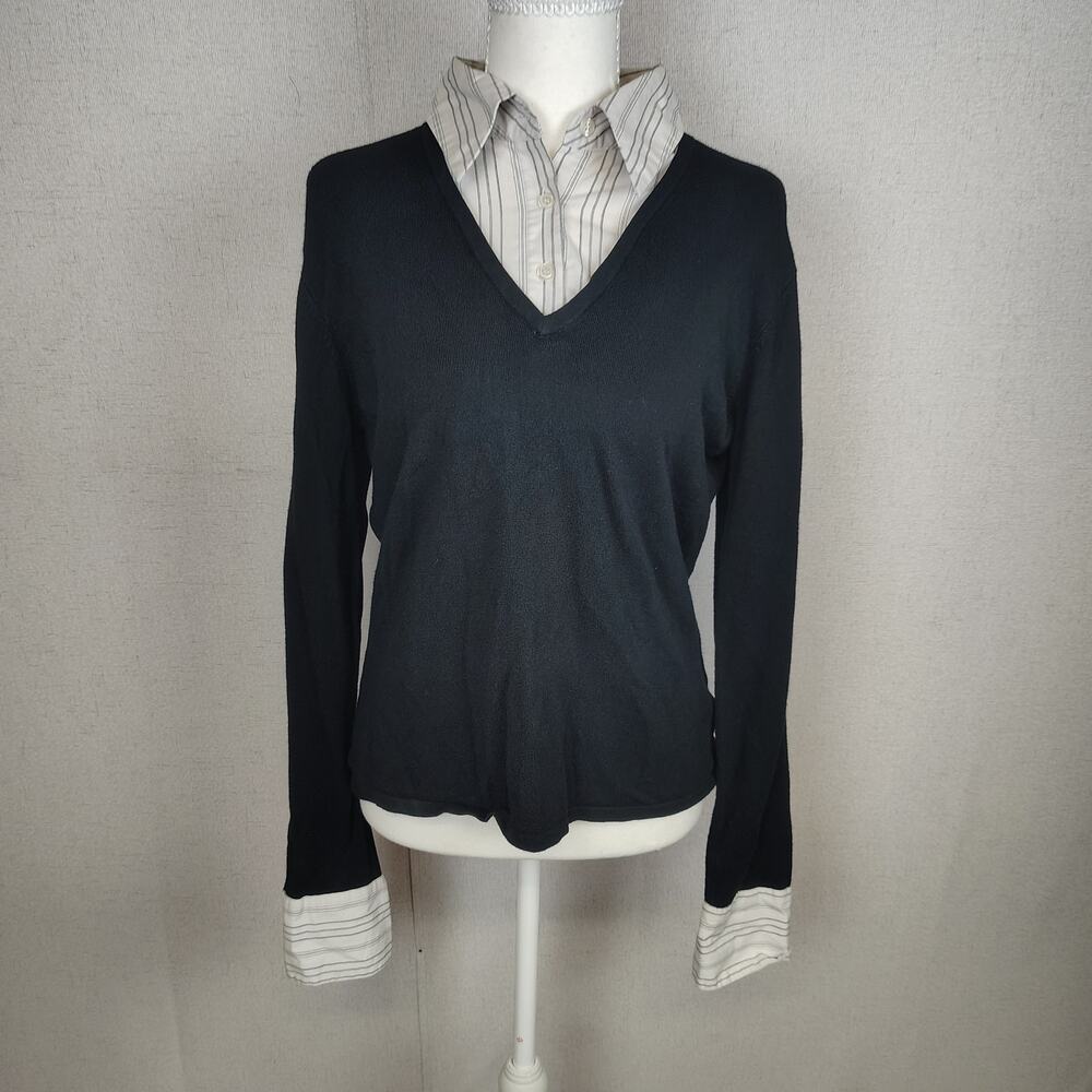 East 5th Layered Look Sweater Top Womens Large Black V Neck Collared Knit